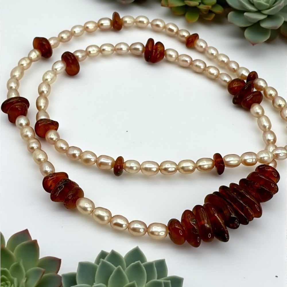 Genuine Amber & Freshwater Pearl Necklace – 18” - Picture 8 of 17
